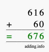 Calculate 616 + 60 using long addition