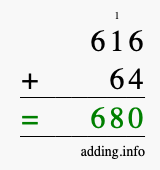 Calculate 616 + 64 using long addition