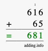 Calculate 616 + 65 using long addition