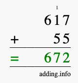 Calculate 617 + 55 using long addition