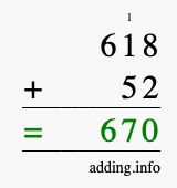 Calculate 618 + 52 using long addition