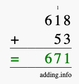 Calculate 618 + 53 using long addition
