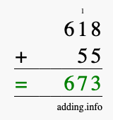 Calculate 618 + 55 using long addition