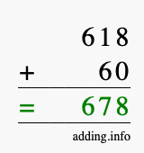 Calculate 618 + 60 using long addition