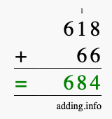 Calculate 618 + 66 using long addition