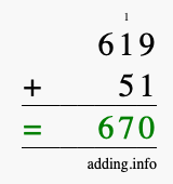 Calculate 619 + 51 using long addition
