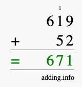 Calculate 619 + 52 using long addition