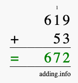 Calculate 619 + 53 using long addition