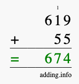Calculate 619 + 55 using long addition