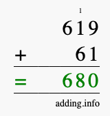 Calculate 619 + 61 using long addition