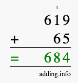 Calculate 619 + 65 using long addition