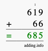 Calculate 619 + 66 using long addition