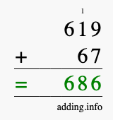 Calculate 619 + 67 using long addition