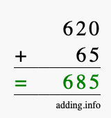 Calculate 620 + 65 using long addition