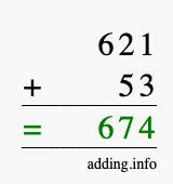 Calculate 621 + 53 using long addition