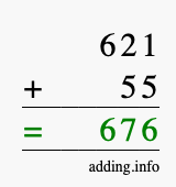 Calculate 621 + 55 using long addition