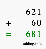 Calculate 621 + 60 using long addition