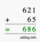 Calculate 621 + 65 using long addition