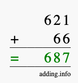 Calculate 621 + 66 using long addition