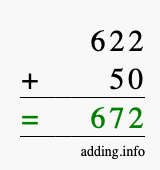 Calculate 622 + 50 using long addition