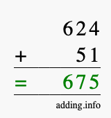 Calculate 624 + 51 using long addition