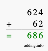 Calculate 624 + 62 using long addition
