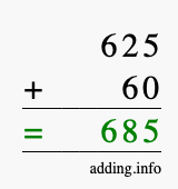 Calculate 625 + 60 using long addition
