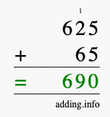 Calculate 625 + 65 using long addition
