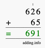 Calculate 626 + 65 using long addition