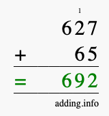 Calculate 627 + 65 using long addition