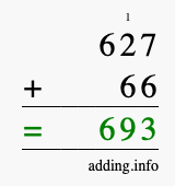 Calculate 627 + 66 using long addition