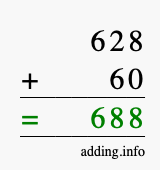 Calculate 628 + 60 using long addition