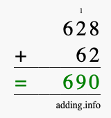 Calculate 628 + 62 using long addition