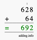 Calculate 628 + 64 using long addition