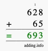 Calculate 628 + 65 using long addition
