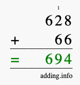 Calculate 628 + 66 using long addition