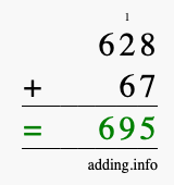 Calculate 628 + 67 using long addition