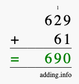 Calculate 629 + 61 using long addition
