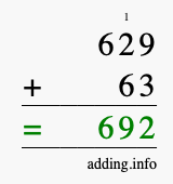 Calculate 629 + 63 using long addition