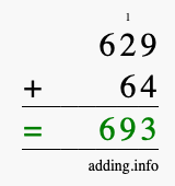 Calculate 629 + 64 using long addition