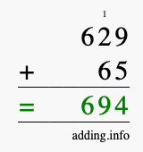 Calculate 629 + 65 using long addition