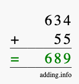 Calculate 634 + 55 using long addition