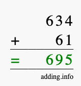 Calculate 634 + 61 using long addition
