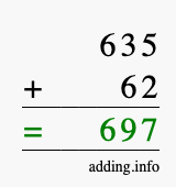 Calculate 635 + 62 using long addition