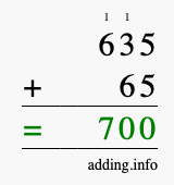 Calculate 635 + 65 using long addition