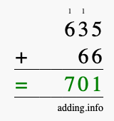 Calculate 635 + 66 using long addition
