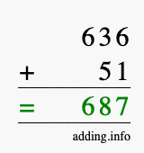 Calculate 636 + 51 using long addition