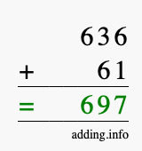 Calculate 636 + 61 using long addition