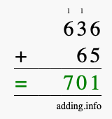 Calculate 636 + 65 using long addition