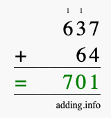 Calculate 637 + 64 using long addition